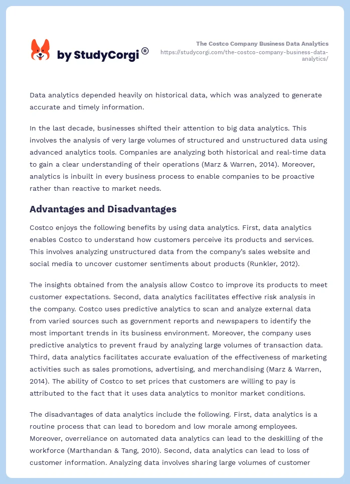 The Costco Company Business Data Analytics. Page 2