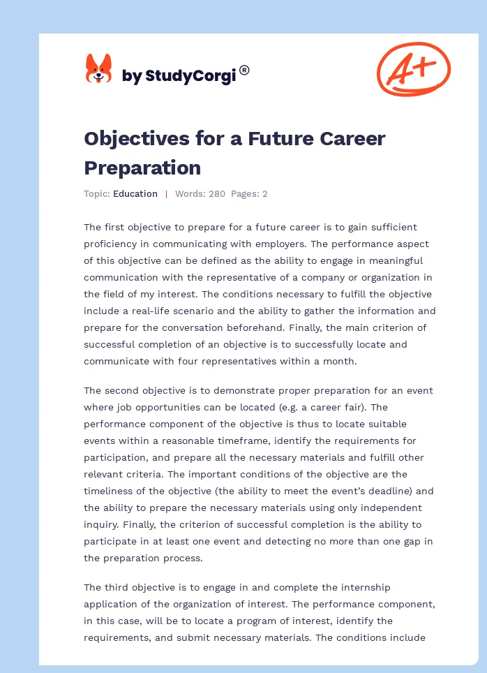 Objectives for a Future Career Preparation. Page 1