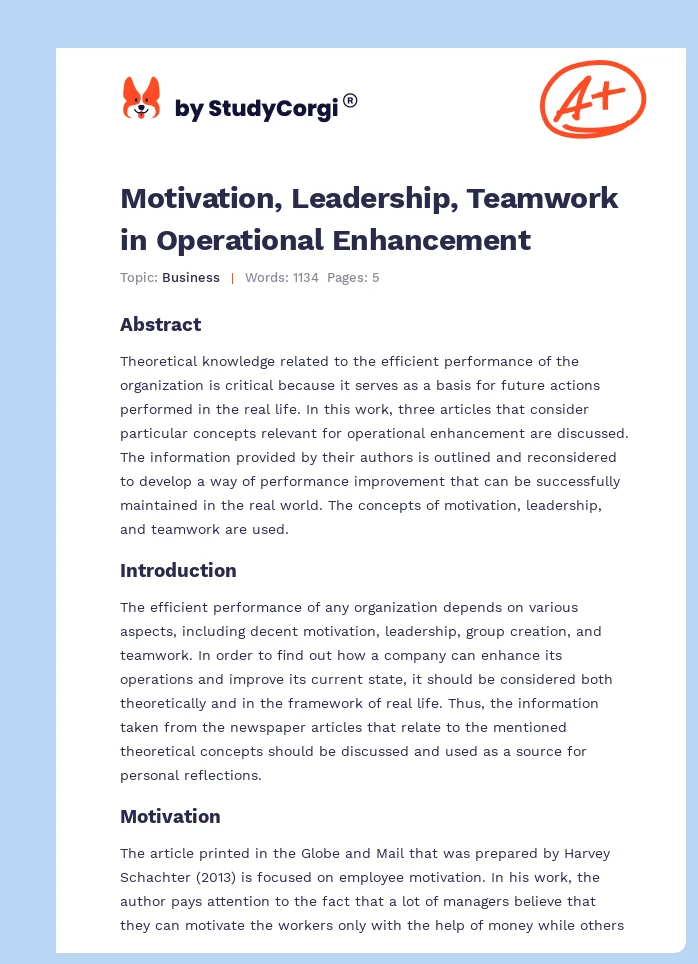 Motivation, Leadership, Teamwork in Operational Enhancement. Page 1