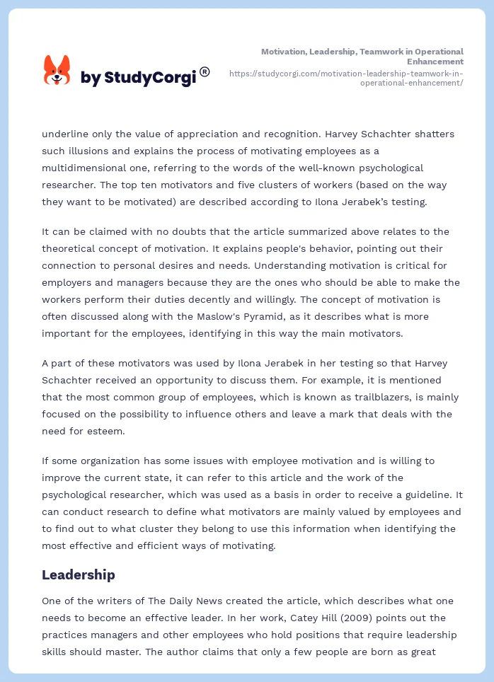 Motivation, Leadership, Teamwork in Operational Enhancement. Page 2
