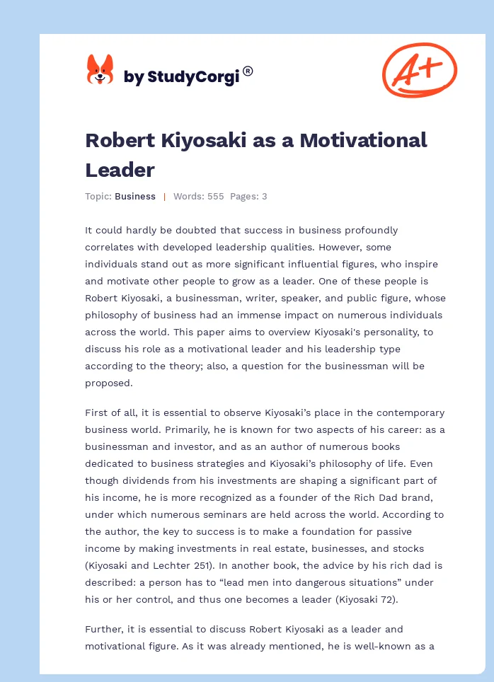 Robert Kiyosaki as a Motivational Leader. Page 1
