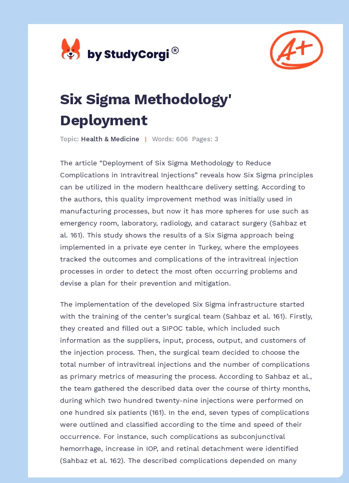 Six Sigma Methodology' Deployment. Page 1