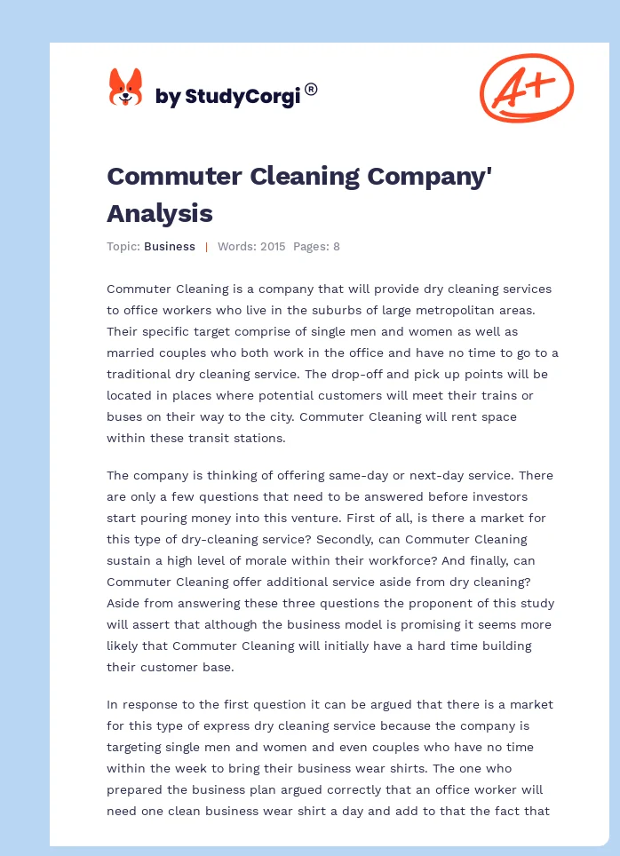 Commuter Cleaning Company' Analysis. Page 1