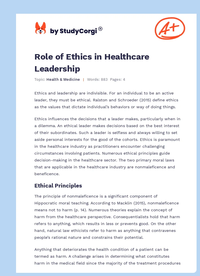 Role of Ethics in Healthcare Leadership. Page 1
