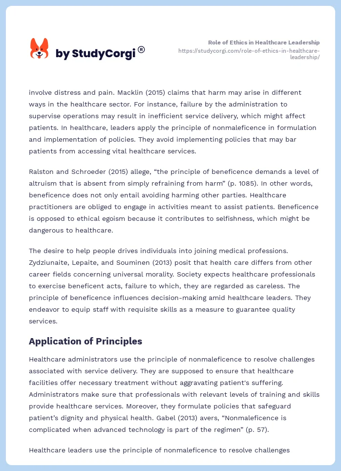 Role of Ethics in Healthcare Leadership. Page 2