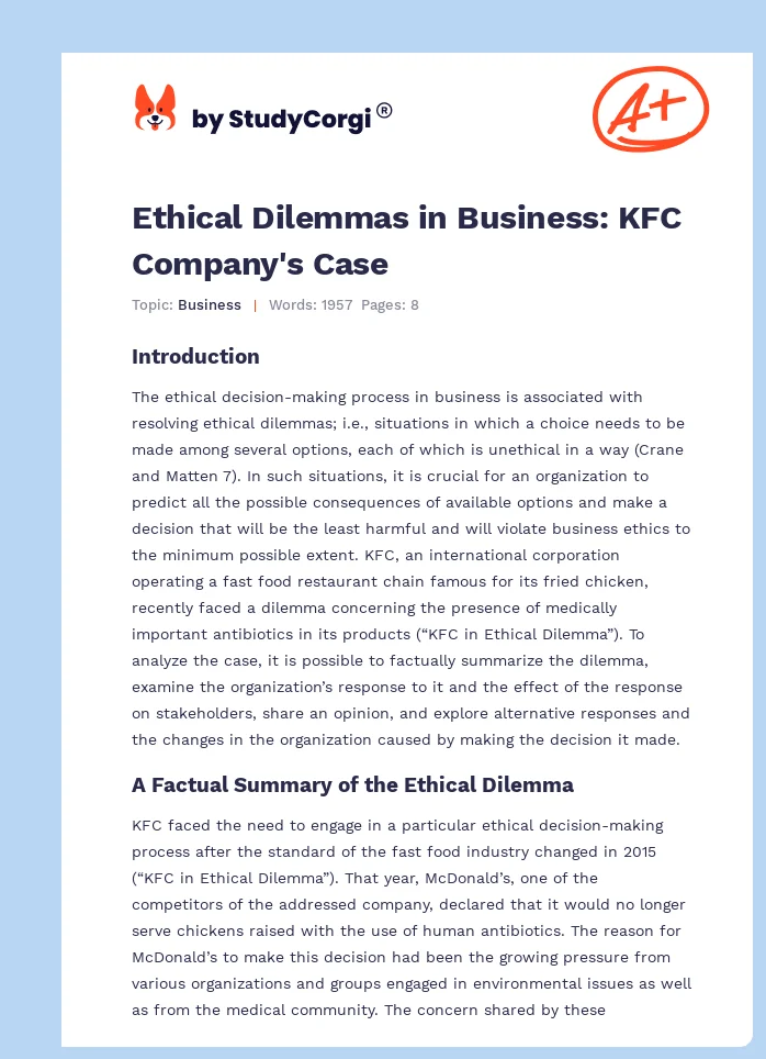 Ethical Dilemmas in Business: KFC Company's Case. Page 1
