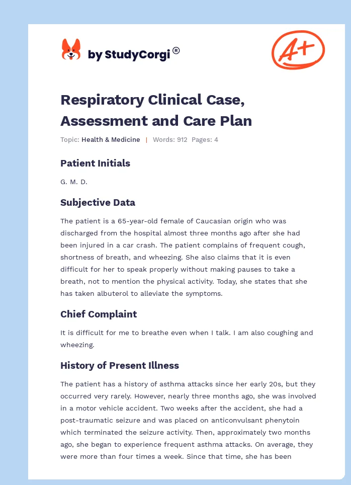 Respiratory Clinical Case, Assessment and Care Plan. Page 1
