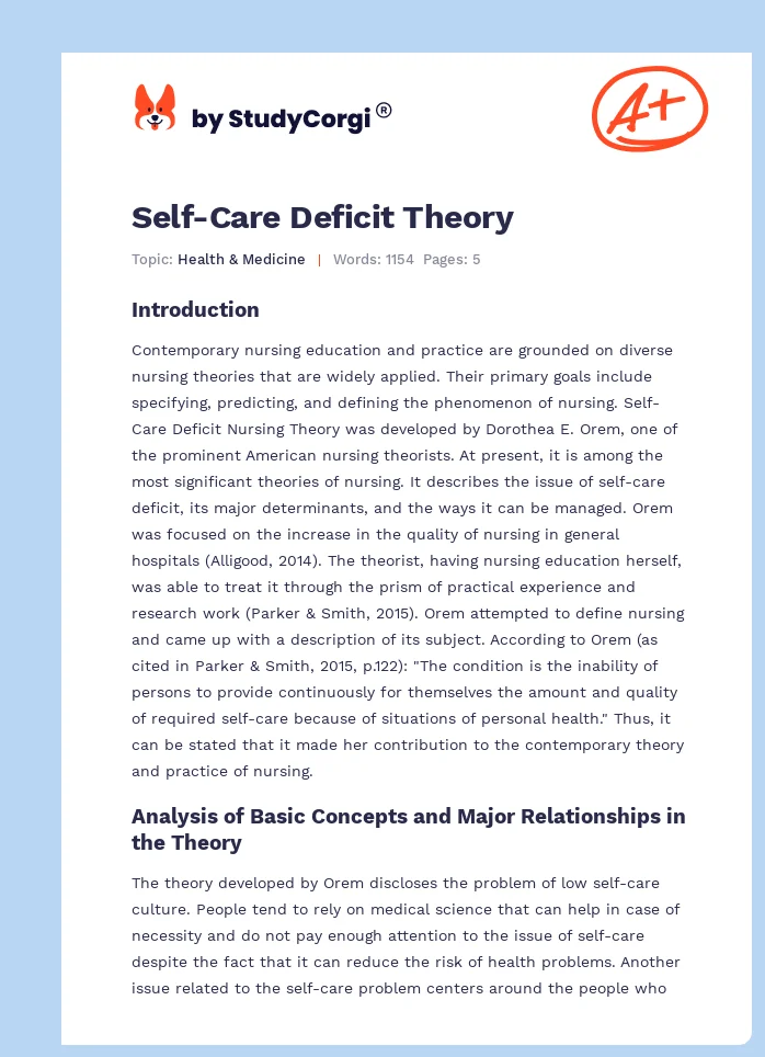 Self-Care Deficit Theory. Page 1