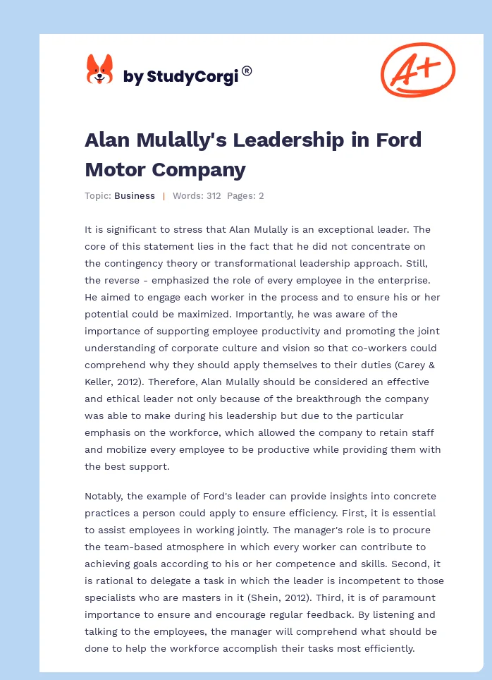 Alan Mulally's Leadership in Ford Motor Company. Page 1