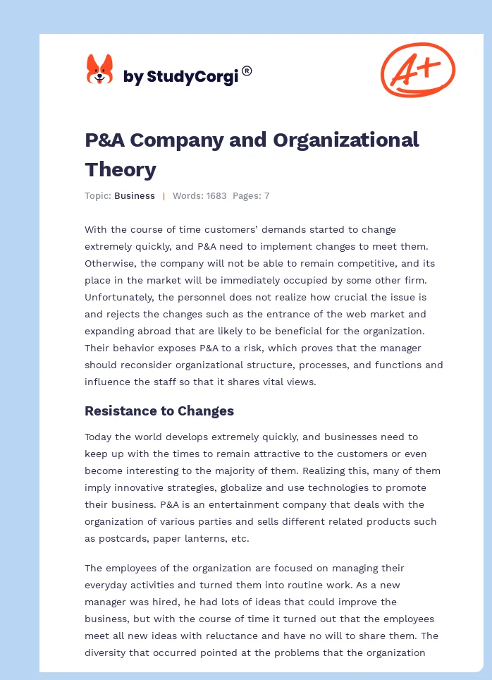 P&A Company and Organizational Theory. Page 1