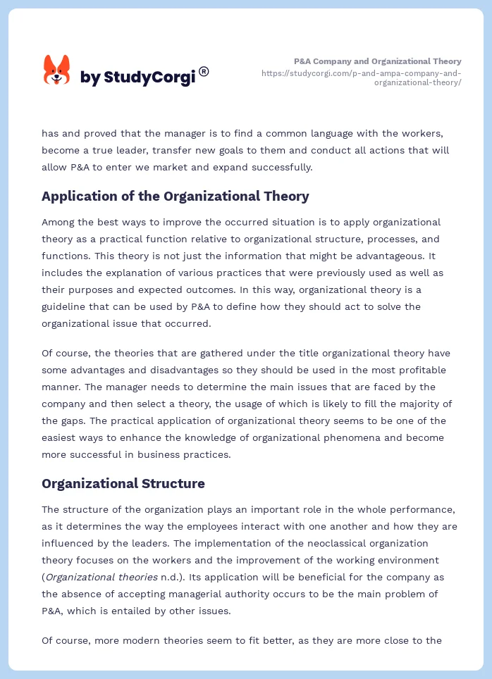 P&A Company and Organizational Theory. Page 2