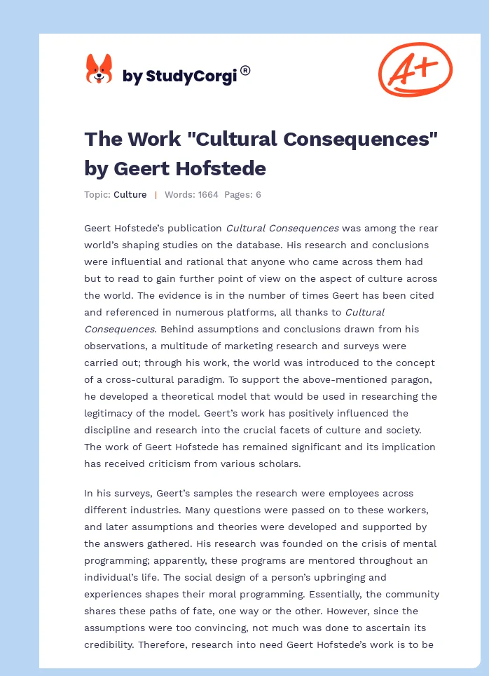 The Work "Cultural Consequences" by Geert Hofstede. Page 1