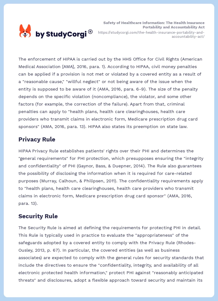 Safety of Healthcare Information: The Health Insurance Portability and Accountability Act. Page 2