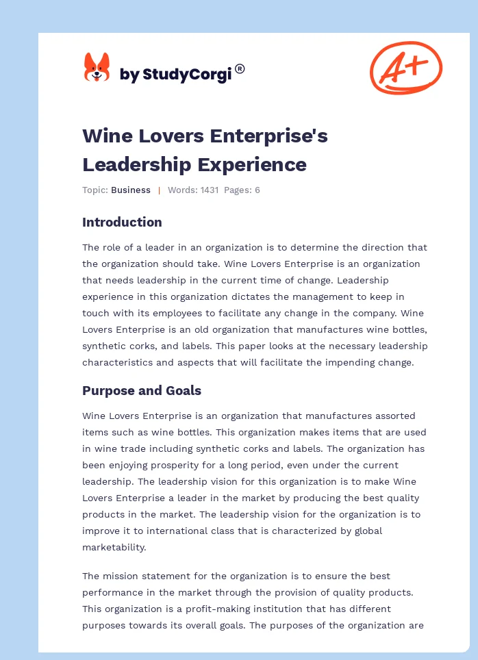 Wine Lovers Enterprise's Leadership Experience. Page 1