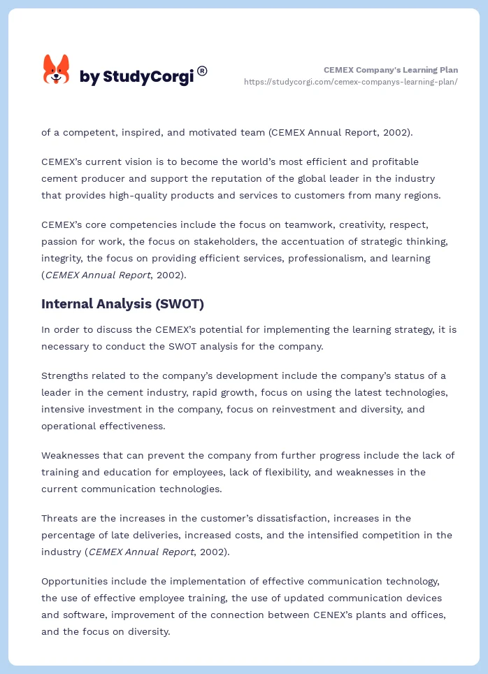 CEMEX Company's Learning Plan. Page 2