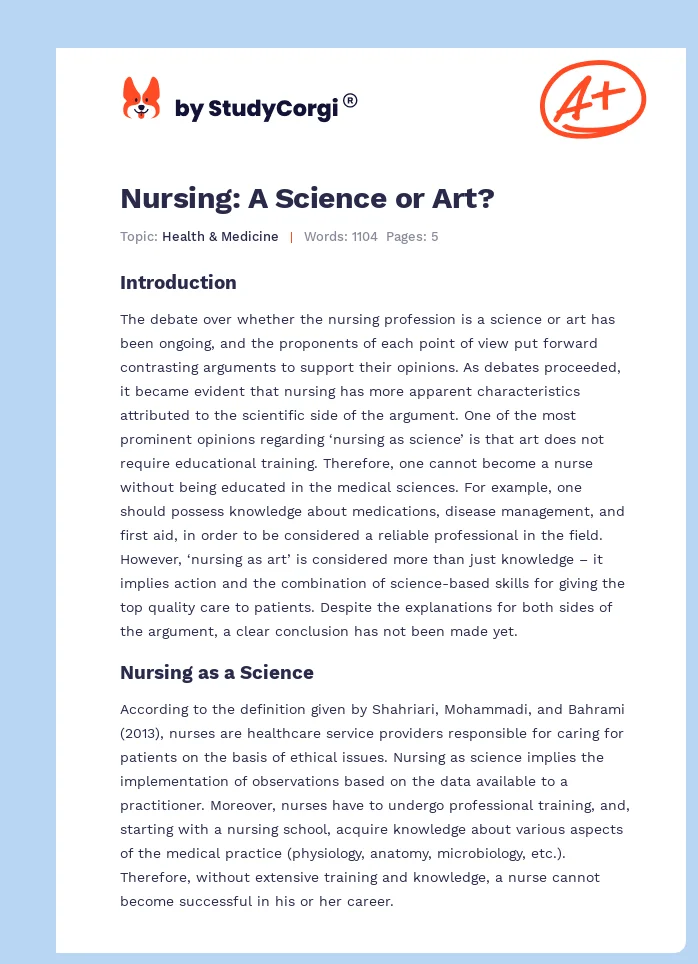 Nursing: A Science or Art?. Page 1