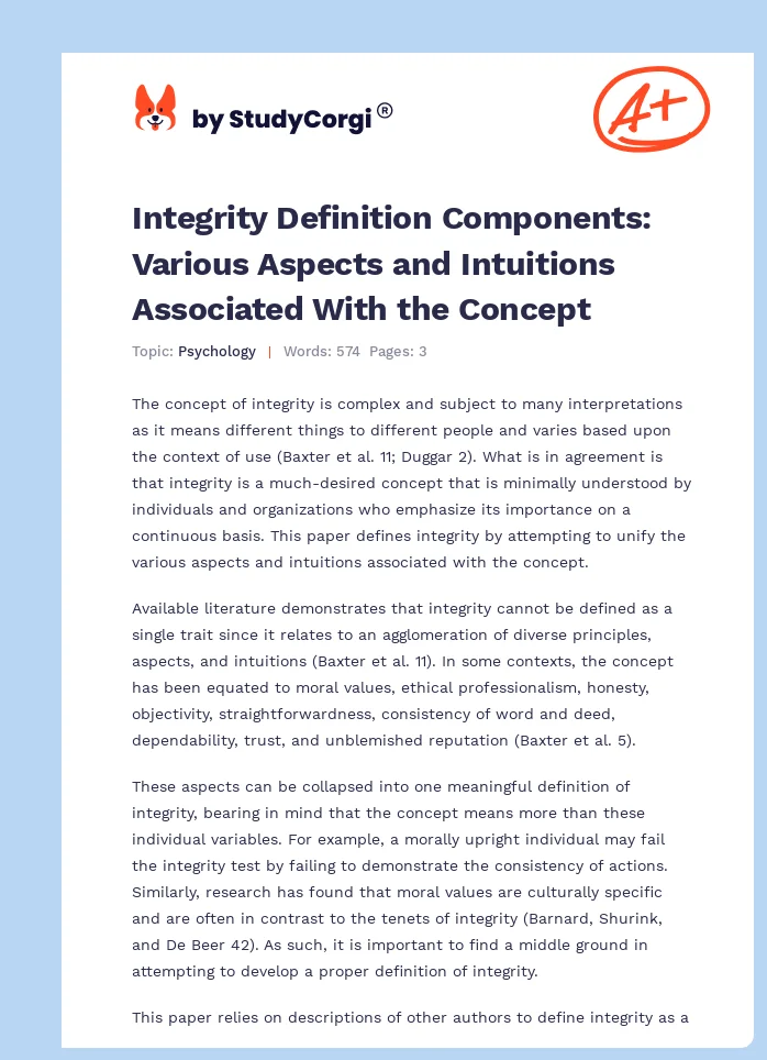 Integrity Definition Components: Various Aspects and Intuitions Associated With the Concept. Page 1
