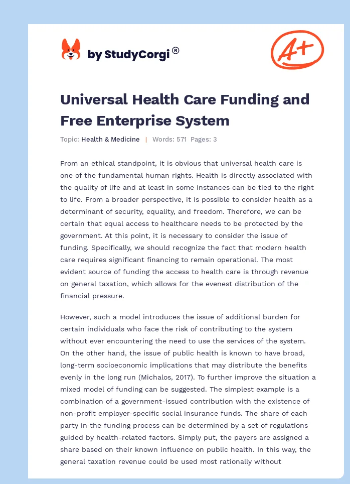 Universal Health Care Funding and Free Enterprise System. Page 1