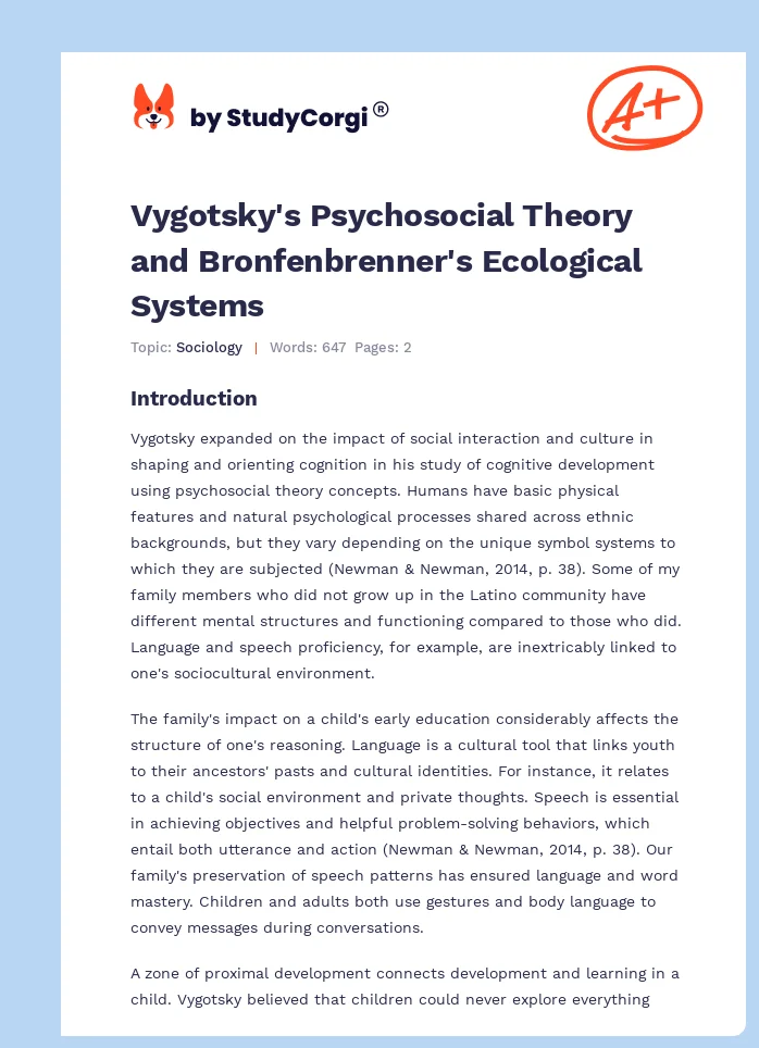 Vygotsky's Psychosocial Theory and Bronfenbrenner's Ecological Systems. Page 1