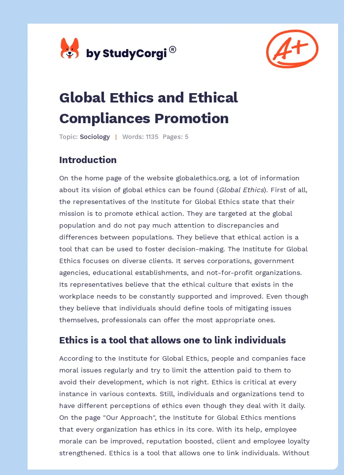Global Ethics and Ethical Compliances Promotion. Page 1