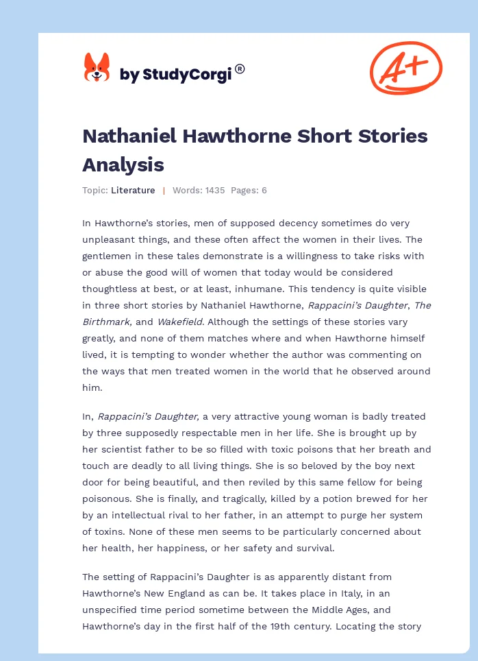 Nathaniel Hawthorne Short Stories Analysis. Page 1