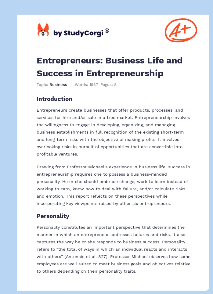 Entrepreneurs: Business Life and Success in Entrepreneurship. Page 1