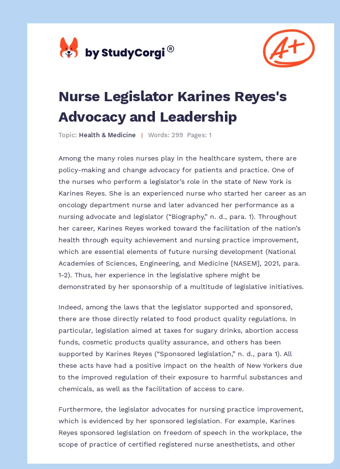 Nurse Legislator Karines Reyes's Advocacy and Leadership. Page 1