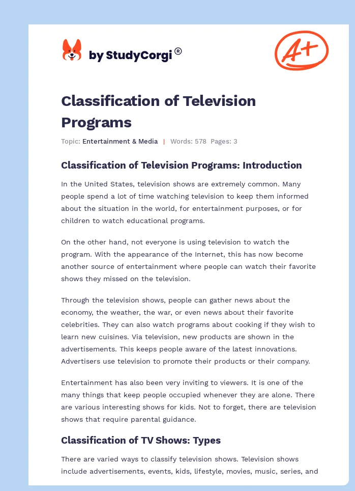 Classification of Television Programs. Page 1