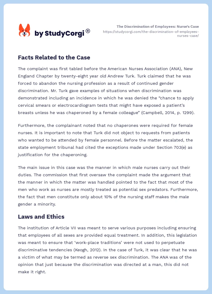 The Discrimination of Employees: Nurse’s Case. Page 2