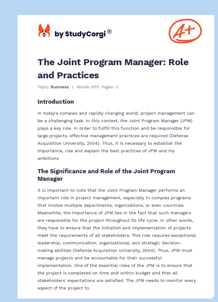 The Joint Program Manager: Role and Practices. Page 1