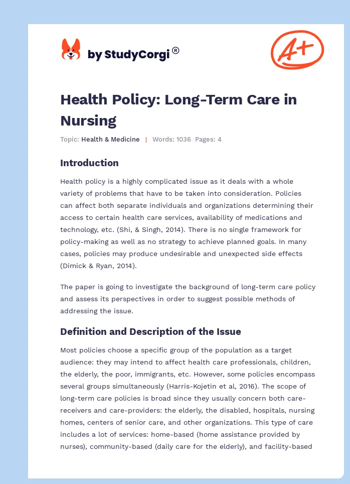 Health Policy: Long-Term Care in Nursing. Page 1