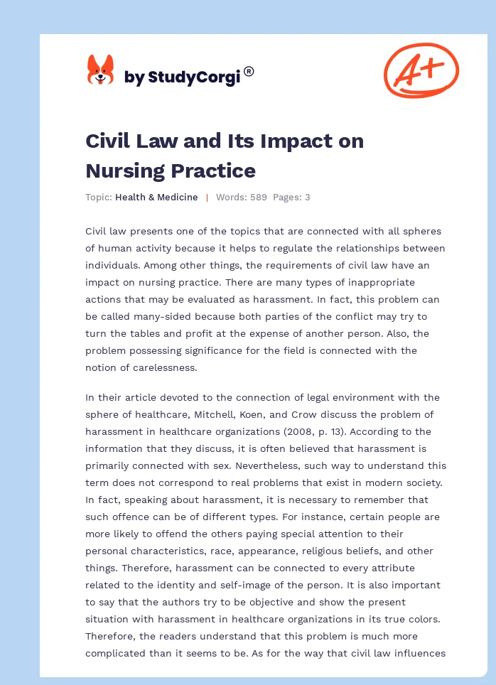 Civil Law and Its Impact on Nursing Practice. Page 1