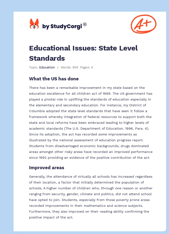 Educational Issues: State Level Standards. Page 1