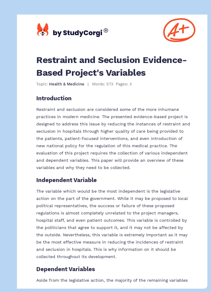Restraint and Seclusion Evidence-Based Project's Variables. Page 1