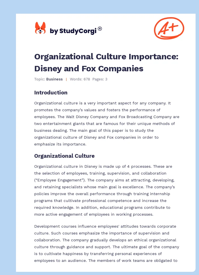 Organizational Culture Importance: Disney and Fox Companies. Page 1