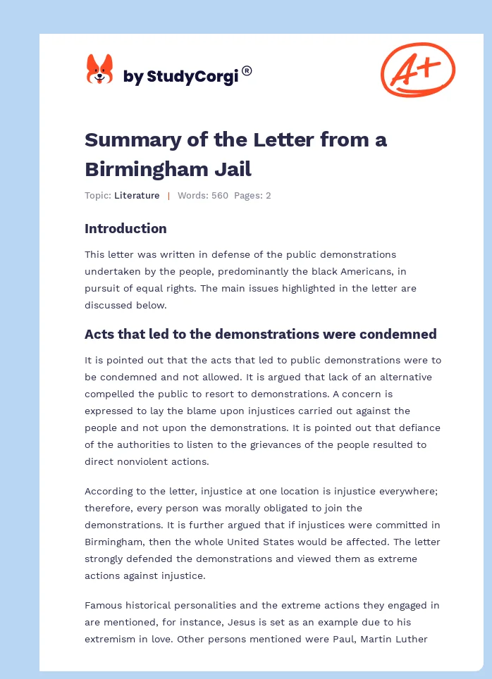 Summary of the Letter from a Birmingham Jail. Page 1