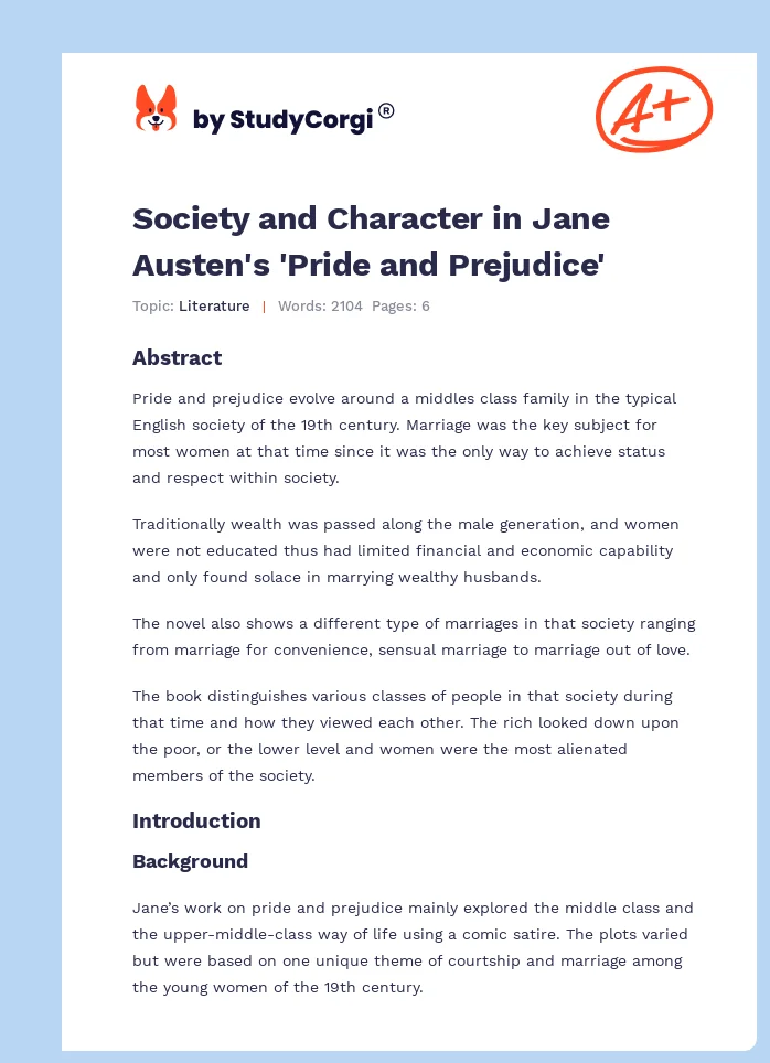 Society and Character in Jane Austen's 'Pride and Prejudice'. Page 1