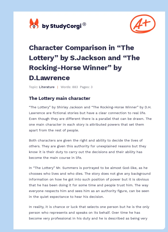 Character Comparison in “The Lottery” by S.Jackson and “The Rocking-Horse Winner” by D.Lawrence. Page 1