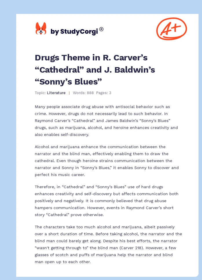 Drugs Theme in R. Carver’s “Cathedral” and J. Baldwin’s “Sonny’s Blues”. Page 1