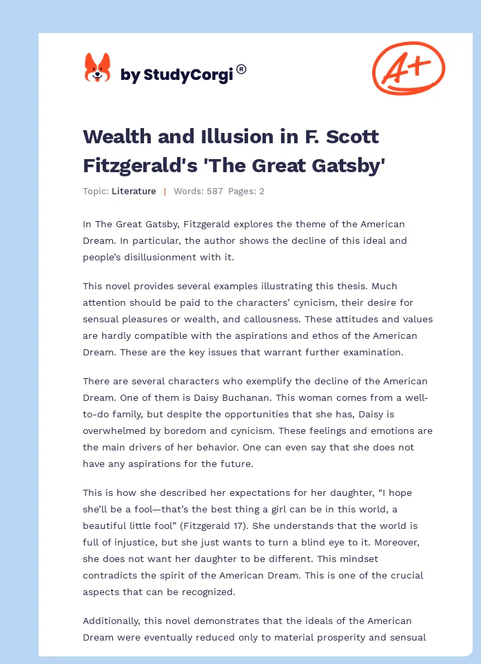 Wealth and Illusion in F. Scott Fitzgerald's 'The Great Gatsby'. Page 1