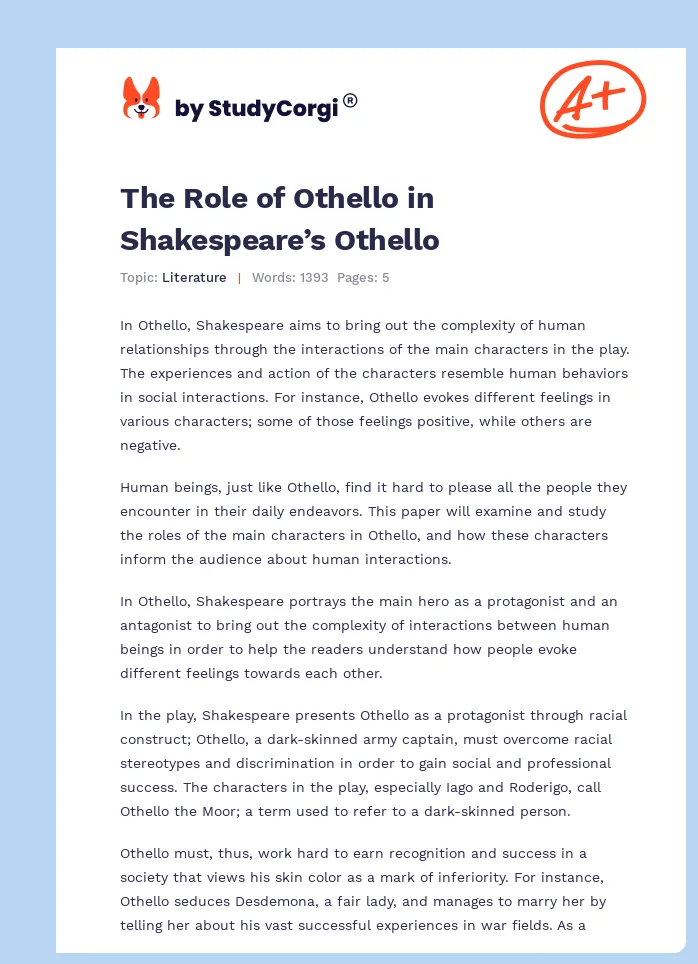 The Role of Othello in Shakespeare’s Othello. Page 1