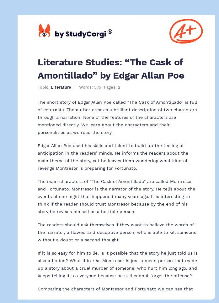 Literature Studies: “The Cask of Amontillado” by Edgar Allan Poe. Page 1