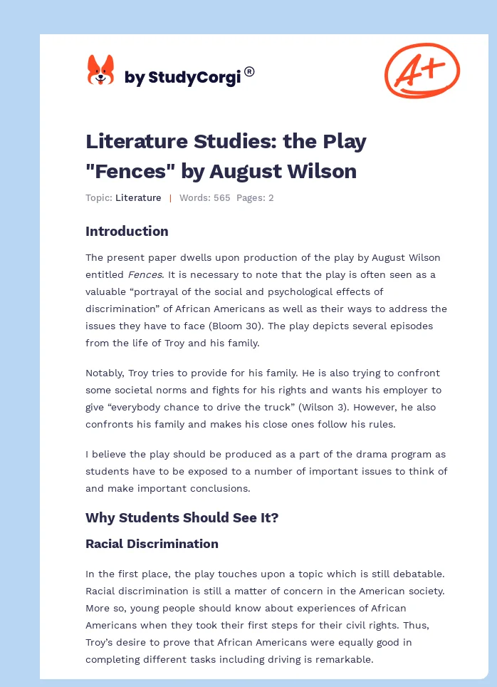 Literature Studies: the Play "Fences" by August Wilson. Page 1