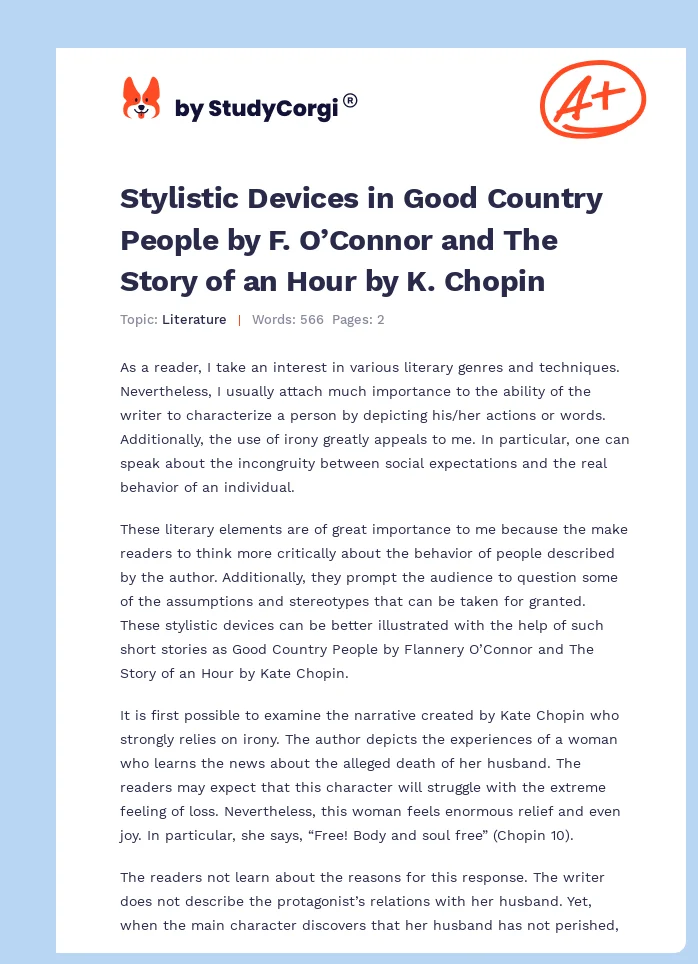 Stylistic Devices in Good Country People by F. O’Connor and The Story of an Hour by K. Chopin. Page 1