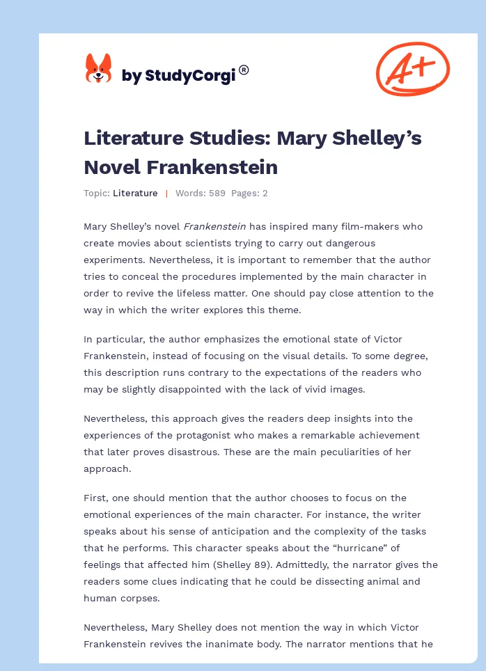 Literature Studies: Mary Shelley’s Novel Frankenstein. Page 1