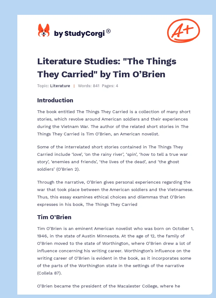 Literature Studies: "The Things They Carried" by Tim O’Brien. Page 1