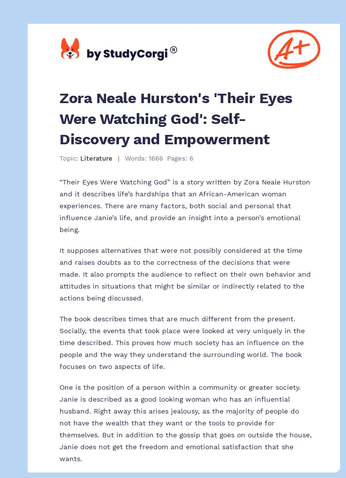 Zora Neale Hurston's 'Their Eyes Were Watching God': Self-Discovery and Empowerment. Page 1