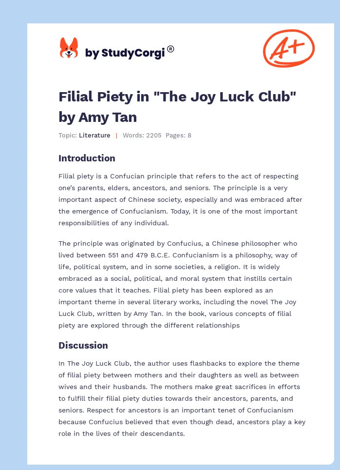 Filial Piety in "The Joy Luck Club" by Amy Tan. Page 1