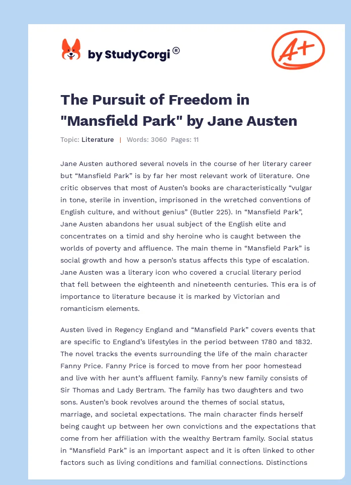 The Pursuit of Freedom in "Mansfield Park" by Jane Austen. Page 1