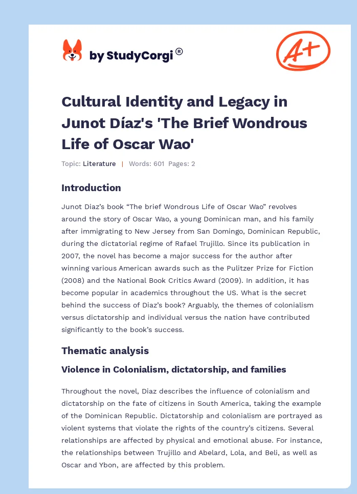 Cultural Identity and Legacy in Junot Díaz's 'The Brief Wondrous Life of Oscar Wao'. Page 1